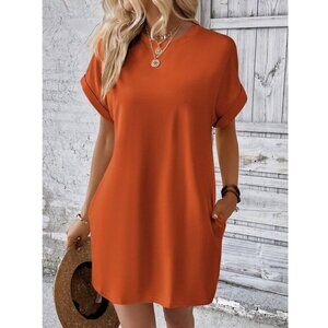 Batwing Sleeve Hidden Pocket Tee Mini Dress Burnt Orange